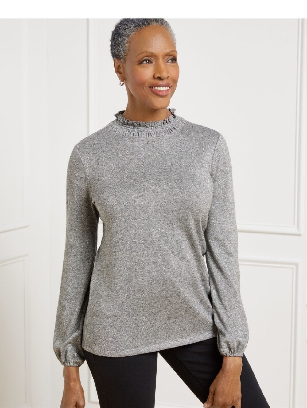 NWT Talbots Silver Metallic Sparkle Ruffle Mock Neck Top